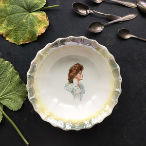 Antique Portrait Bowl with Gibson Girl Profile and Green Lustreware Rim
