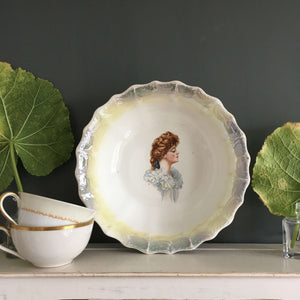 Antique Portrait Bowl with Gibson Girl Profile and Green Lustreware Rim