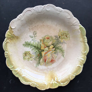 Antique Dresden Pottery Plate - Green Roses with Lustreware Rim