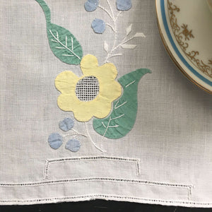 Vintage Applique Hemstitch Embroidery Hand Towel - Yellow Blue Green Floral circa 1920s 1930s