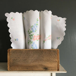 Vintage Embroidered Linen Tray Liners - Set of Three 9 x 12 Cloths