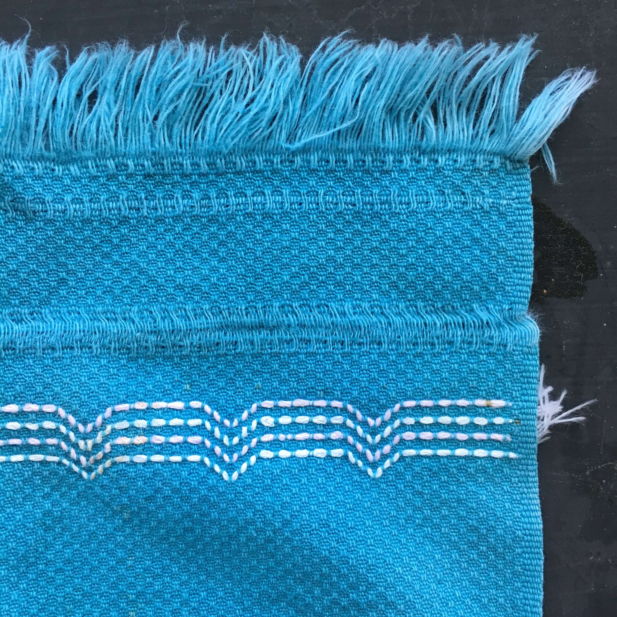 Vintage Teal Blue Cotton Kitchen Towel  with Embroidered Boho Design
