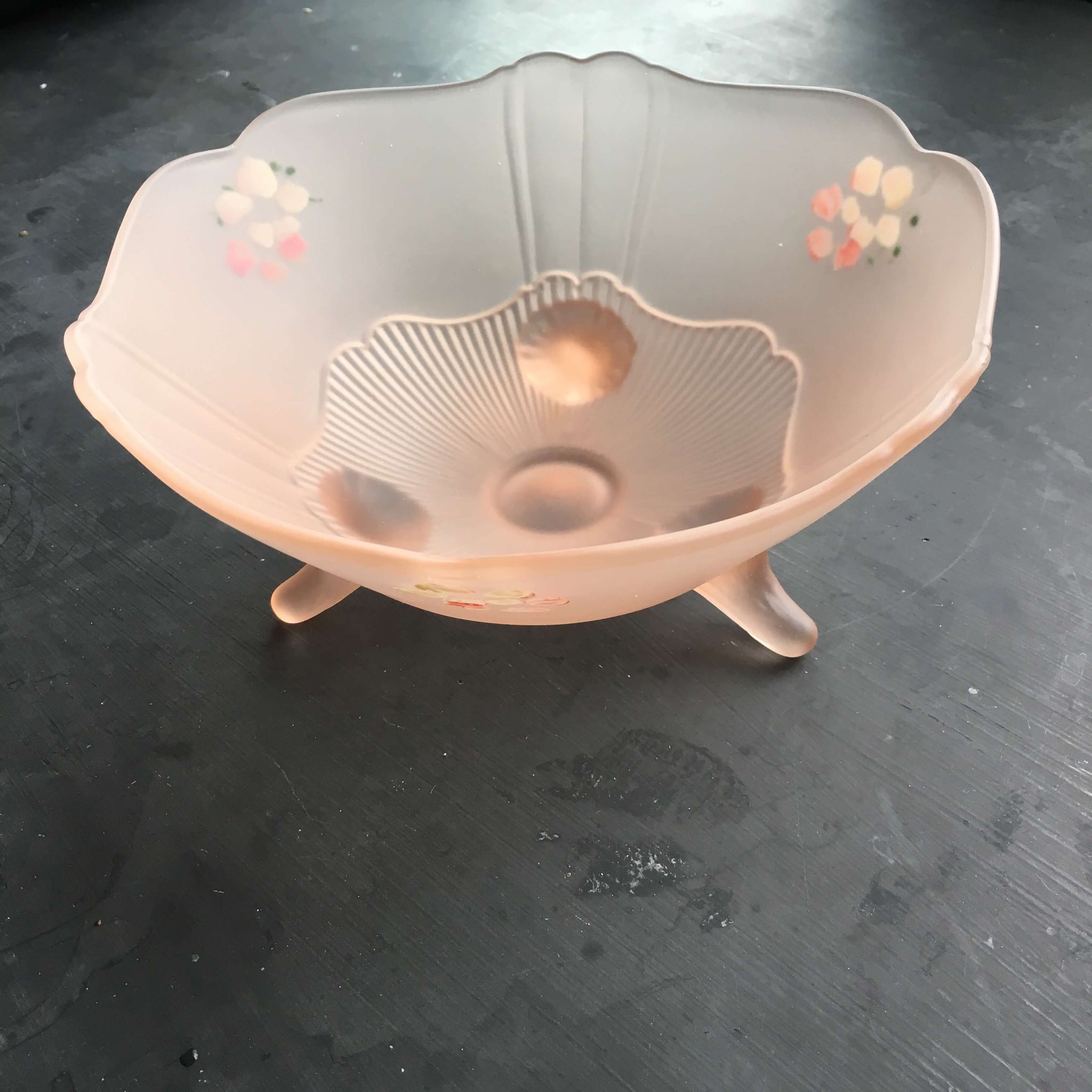 1930's Pink Frosted Depression Glass Footed Bowl - Carol Pink by Lancaster - Satin Frosted