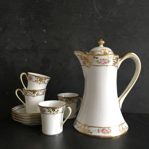 Antique Nippon Hot Chocolate Pot and Matching Cups - Set of 4 - Handpainted circa 1911-1920
