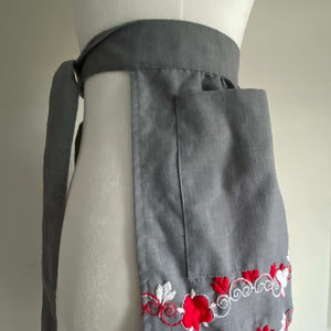 Gray Half Apron with Red and White Embroidery - Scandinavian Style