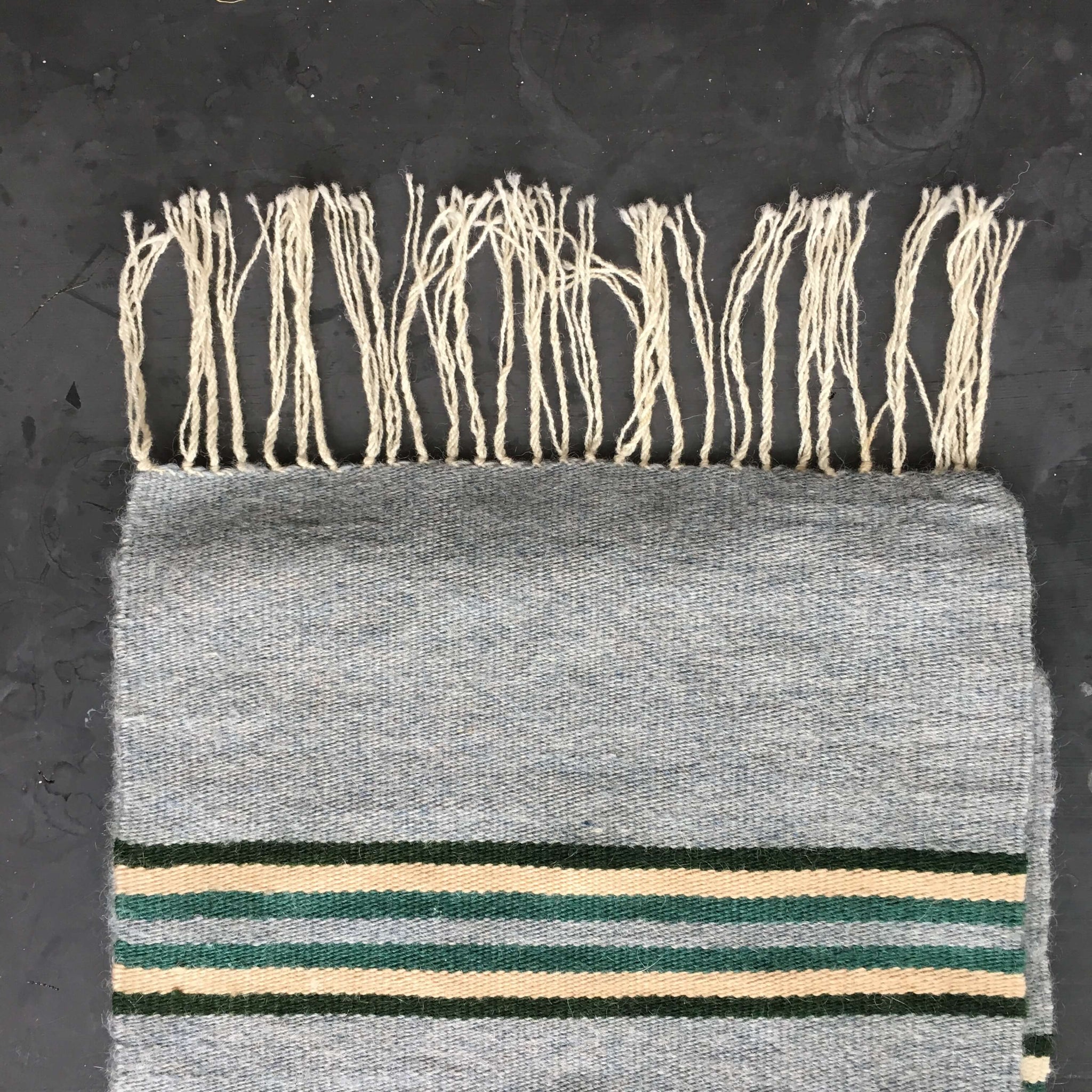 Vintage Wool Runner Rug - Southwestern Grey, Green, Ivory Stripes - Handloomed - Boho Tribal Decor