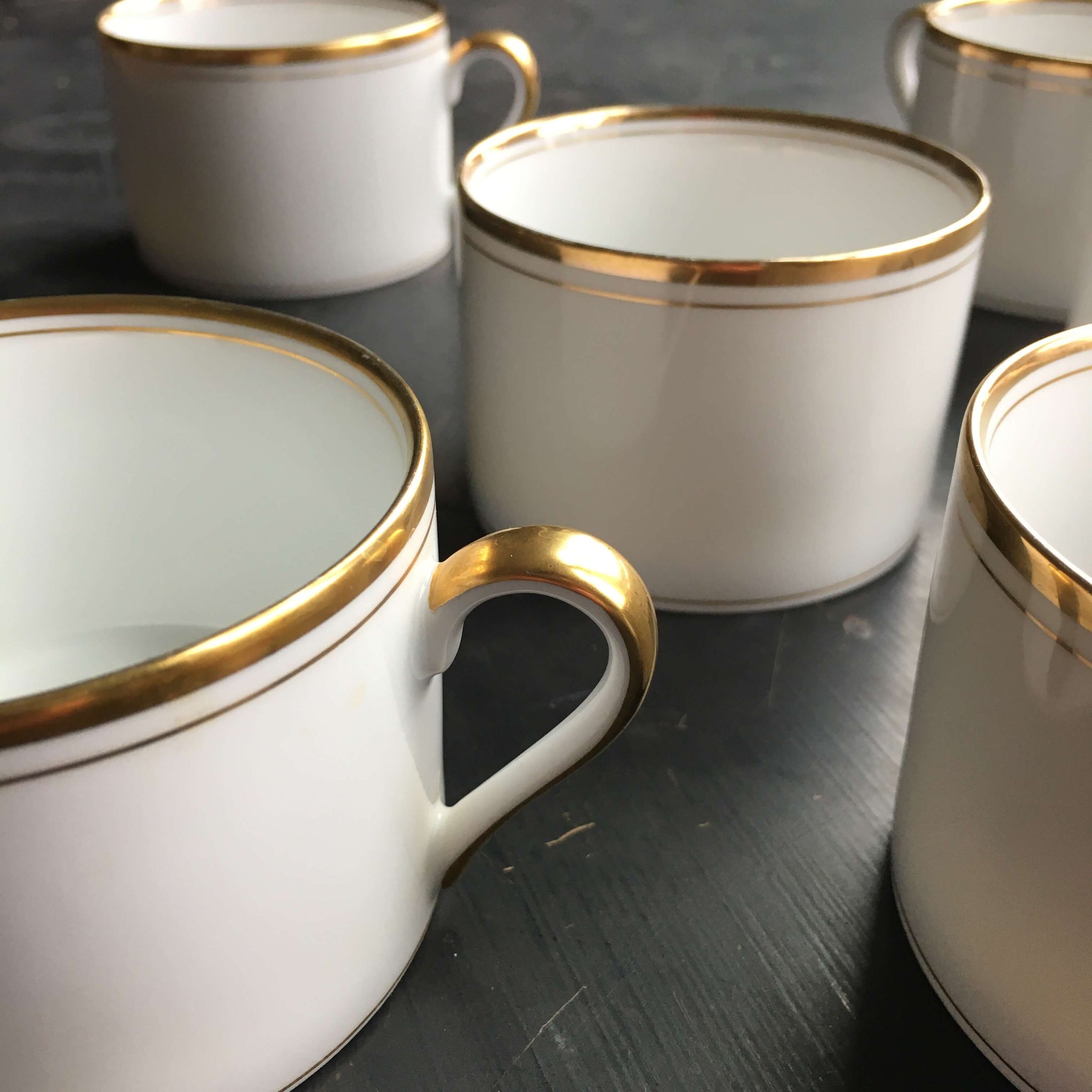 Vintage 1970's Fitz & Floyd Palais Flat Cups - Set of 10 White & Gold Striped Cups