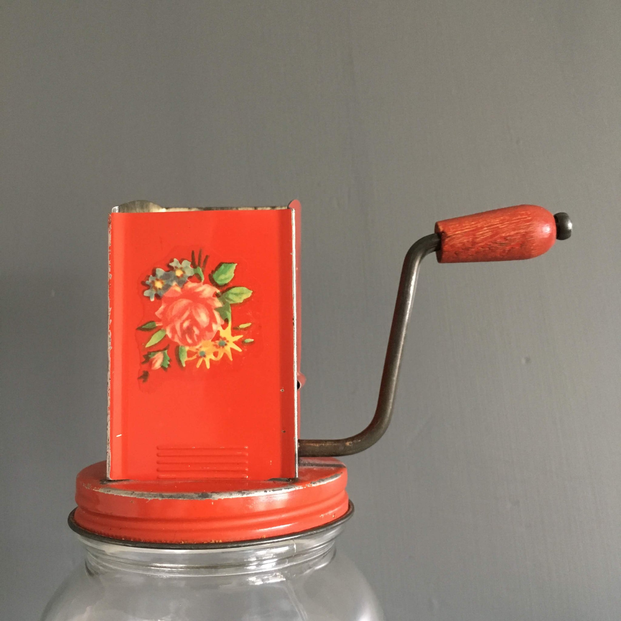 Vintage Red Floral Tin Nut Grinder Chopper Glass Jar