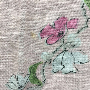 Vintage Pink Green and White Floral Tablecloth - 48x63 - Linen Fabric