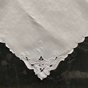 Vintage White Linen Dinner Napkins with Scalloped Edges and Floral Cutwork Embroidery - Set of 8