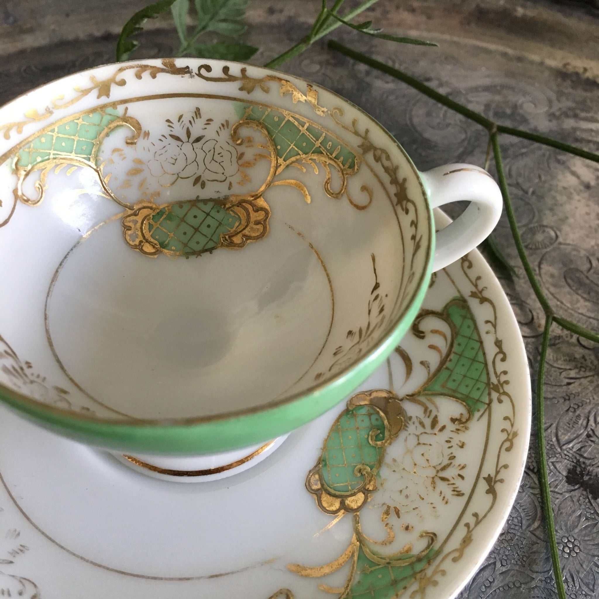 Vintage Royal Sealy Demitasse Cup & Saucer - Made in Occupied Japan circa 1945-1952 - Green and Gold