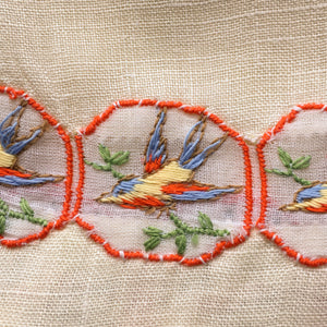 vintage embroidered birds yellow orange blue