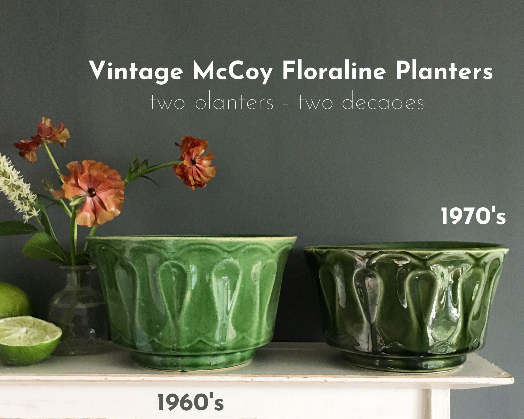 Vintage 1970s McCoy Pottery Planter - Green Floraline Pattern - Lancaster Colony Corporation Mark