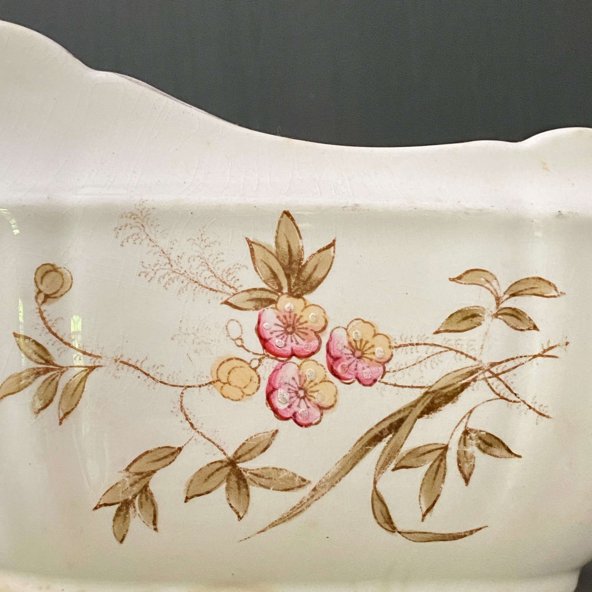 Antique Alfred Meakin Gravy Boat with Handpainted Pink & Yellow Flowers circa 1891