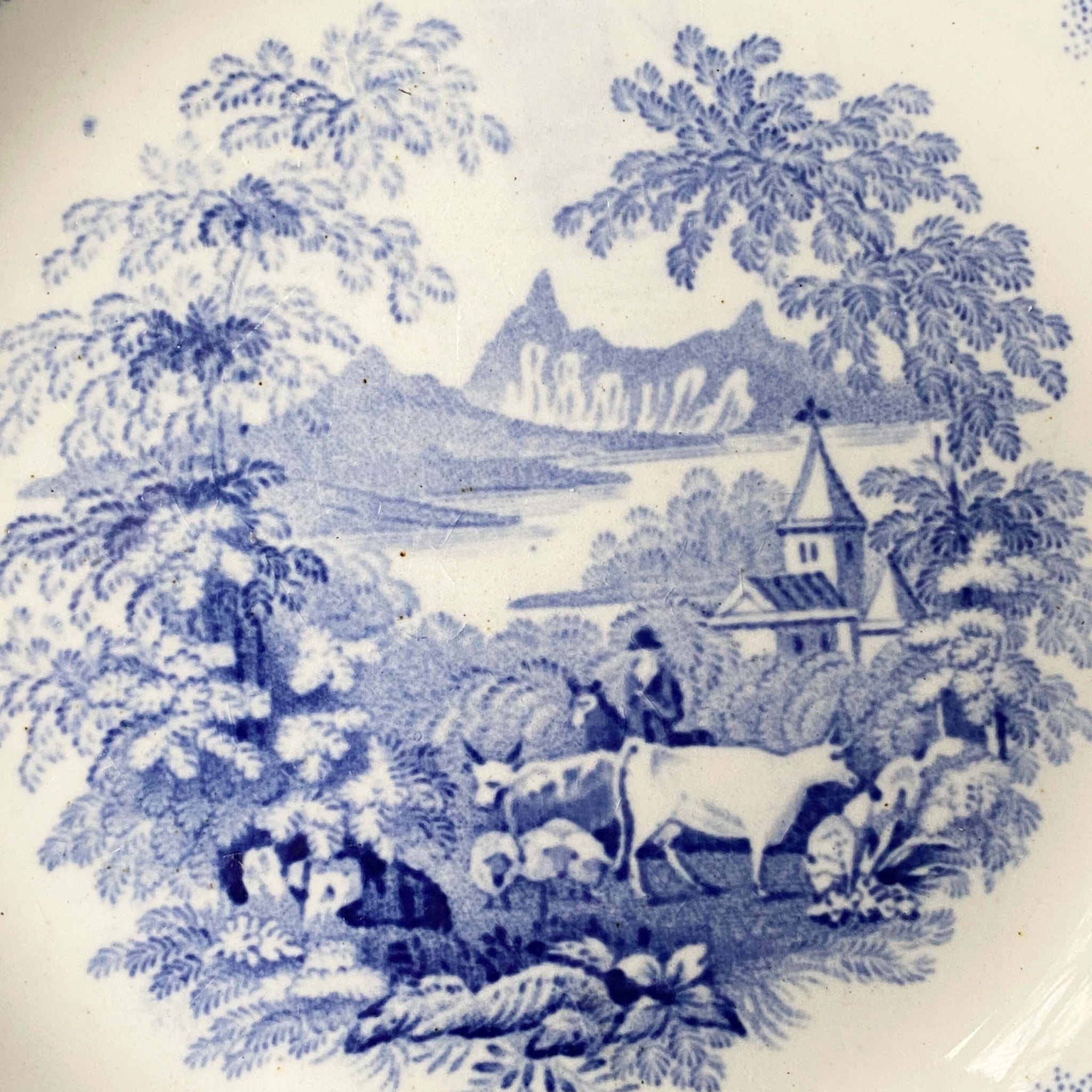 Rare Antique Staffordshire Bowl with Pastoral Landscape and Scroll Mark circa 1830s