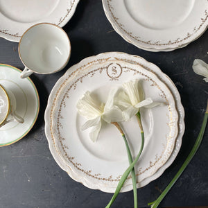 Antique Gold and White Monogrammed S Dessert Salad Plates - Set of Four - Homer Laughlin Hudson Series circa 1912