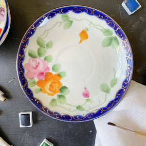 Antique Japanese Porcelain Cup & Saucer - Handpainted Florals circa 1910-1920s