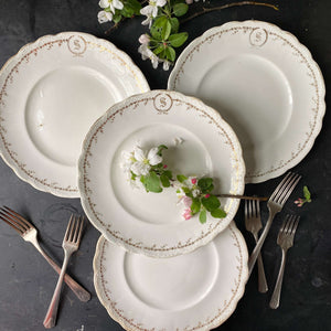 Antique Gold and White Monogrammed S Luncheon Plates - Set of Four Homer Laughlin Hudson Series circa 1912