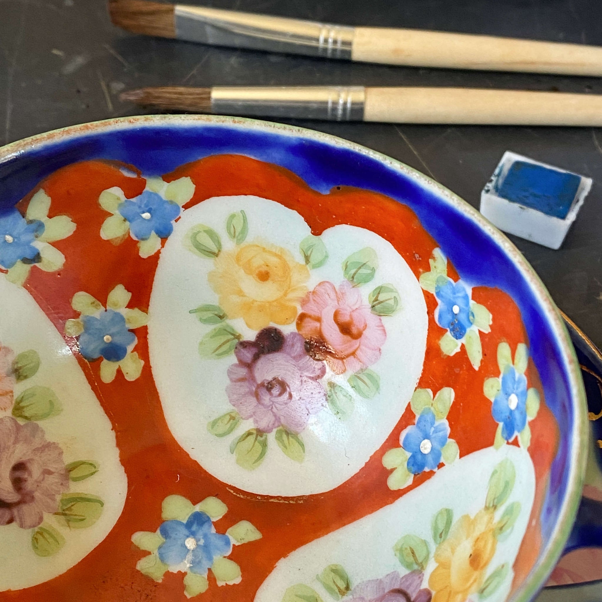 Antique Japanese Porcelain Cup & Saucer - Handpainted Florals circa 1910-1920s