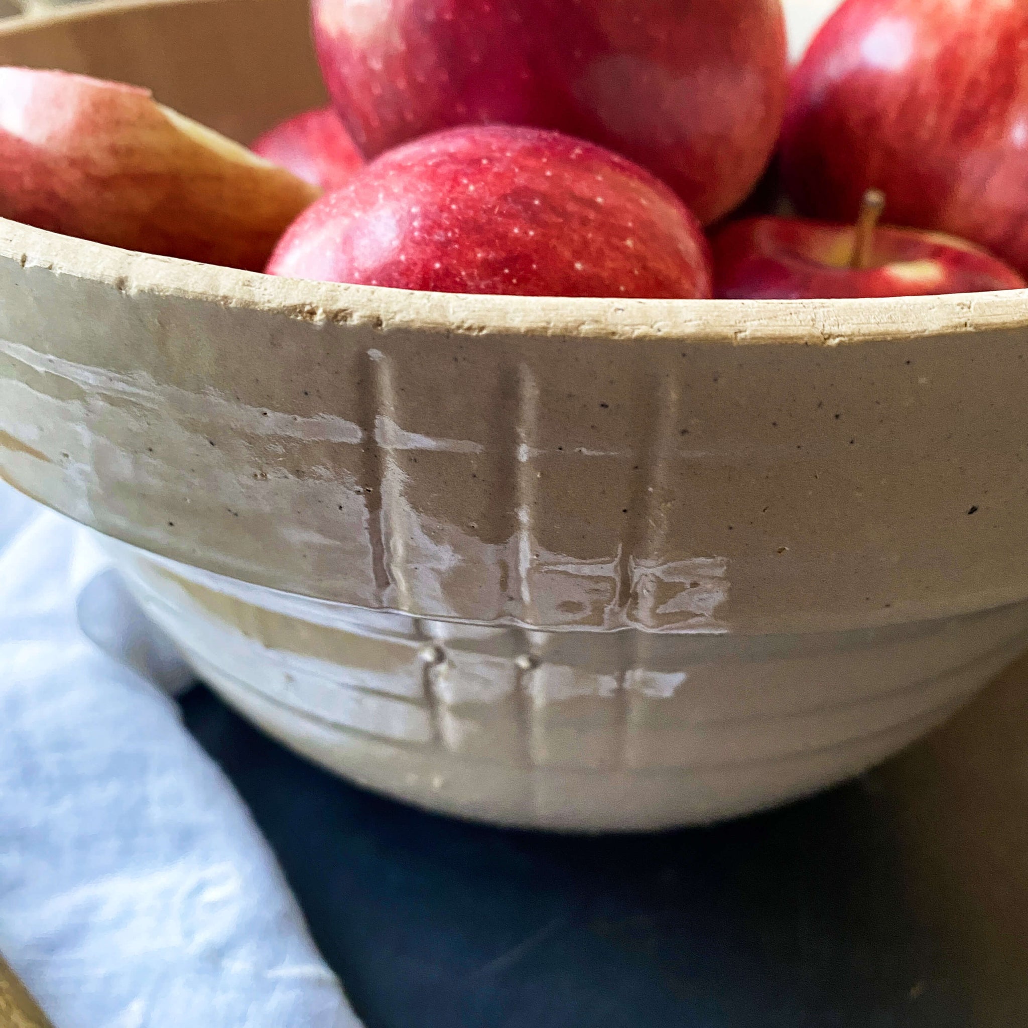 Antique Stoneware Mixing Bowl - Pale Grey - Impressed Cross-Hatch Design