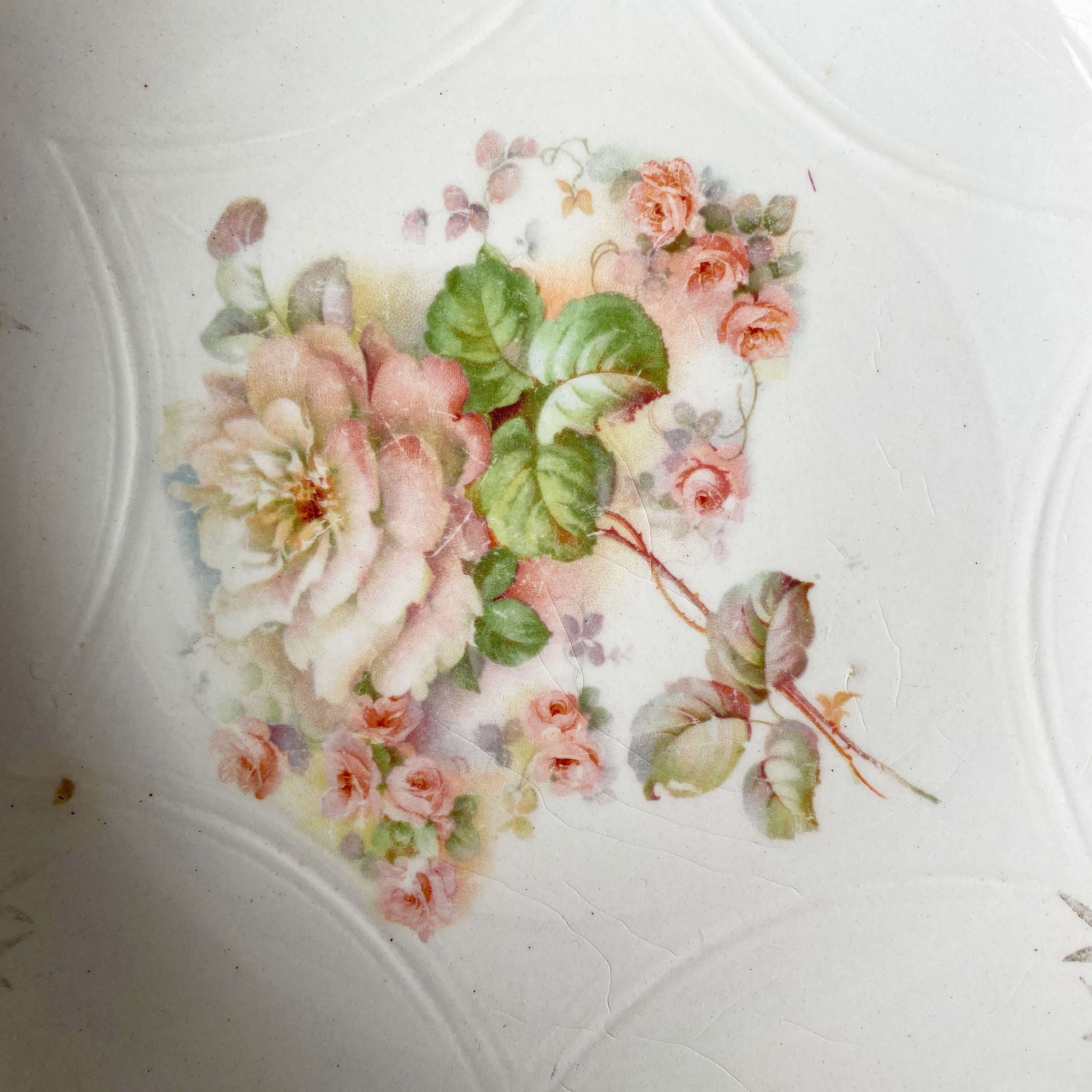 Antique White Serving Bowl with Pink Roses and Gold Monogram Designs