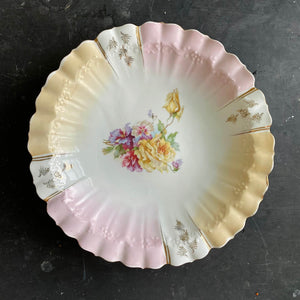 Antique Porcelain Fluted Bowl - Pink Yellow and Gold with Yellow Roses and Pansy Violas