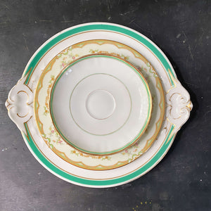 Antique Cake Plate with Green and Gold Stripes