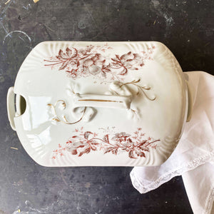 Antique Semi-Porcelain Soup Tureen with Dark Red and Grey Florals and Gold Detailing