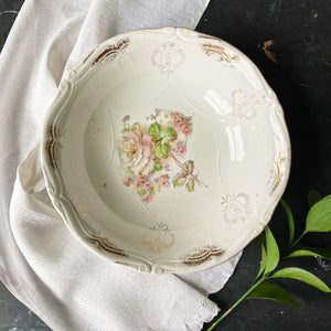 Antique White Serving Bowl with Pink Roses and Gold Monogram Designs