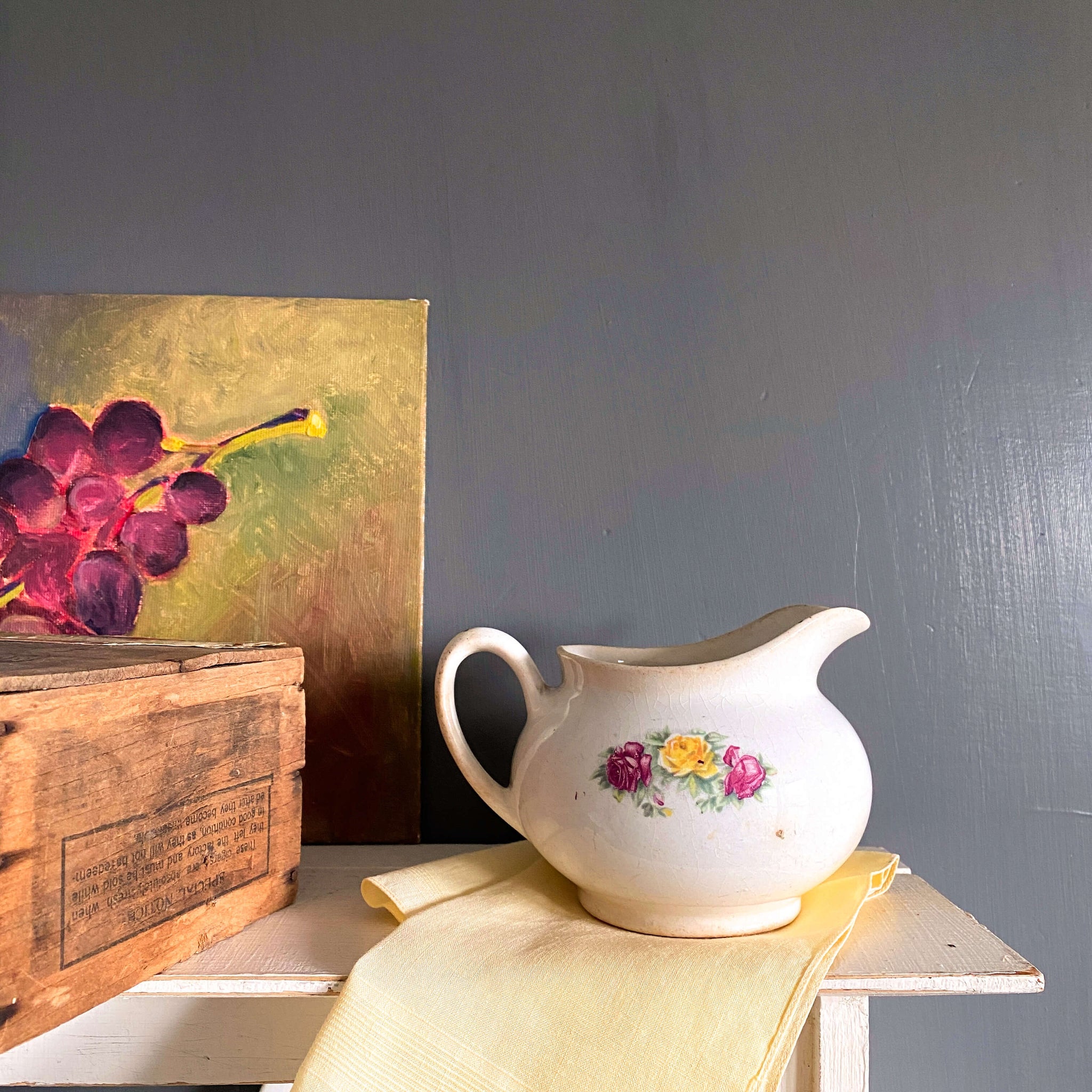 Antique Purple and Yellow Roses Farmhouse Style Creamer
