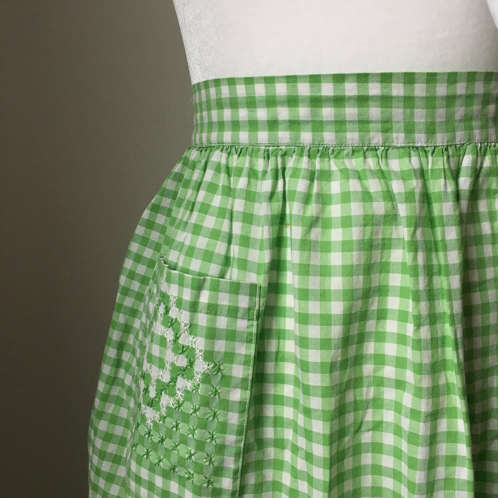 Vintage Green and White Gingham Half Apron with Embroidery - Midcentury Apron