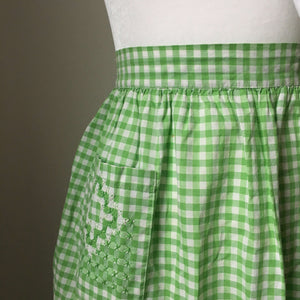 Vintage Green and White Gingham Half Apron with Embroidery - Midcentury Apron