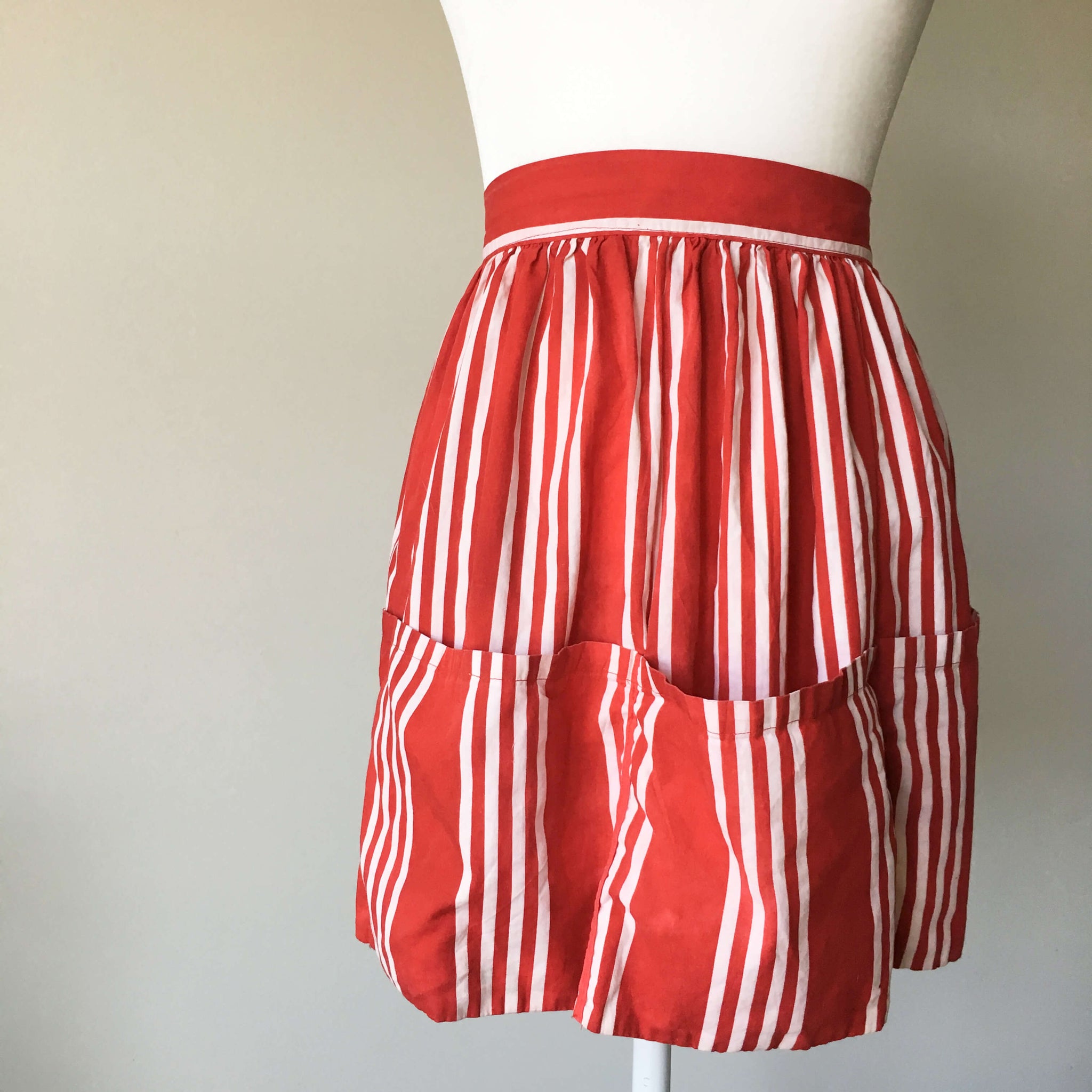 Vintage Red and White Striped Half Apron for Egg Gathering and Vegetable Harvest