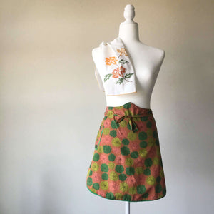 Vintage Brown and Green Floral Half Apron - Dahlia Flower Succulent Style Pattern