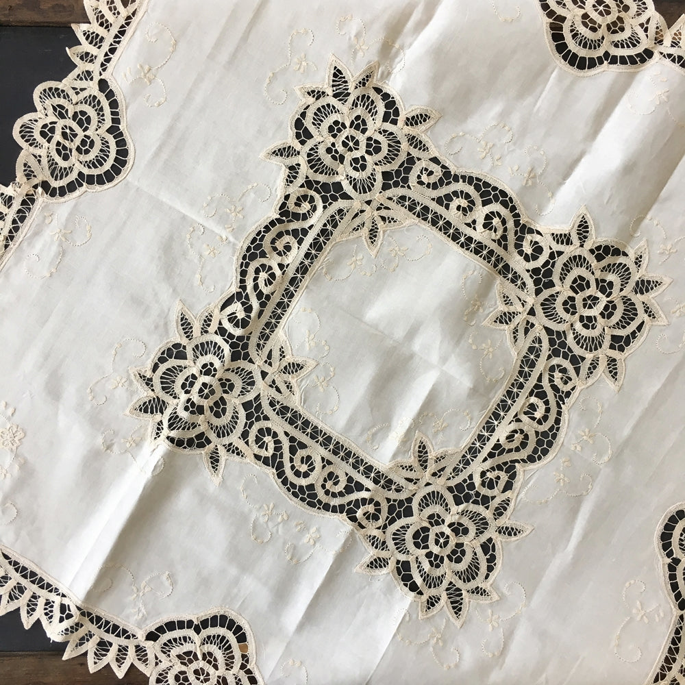 Handmade Batten Lace Tablecloth 36x36 - Made in Shandong China - Ecru Embroidery Lace Needlework