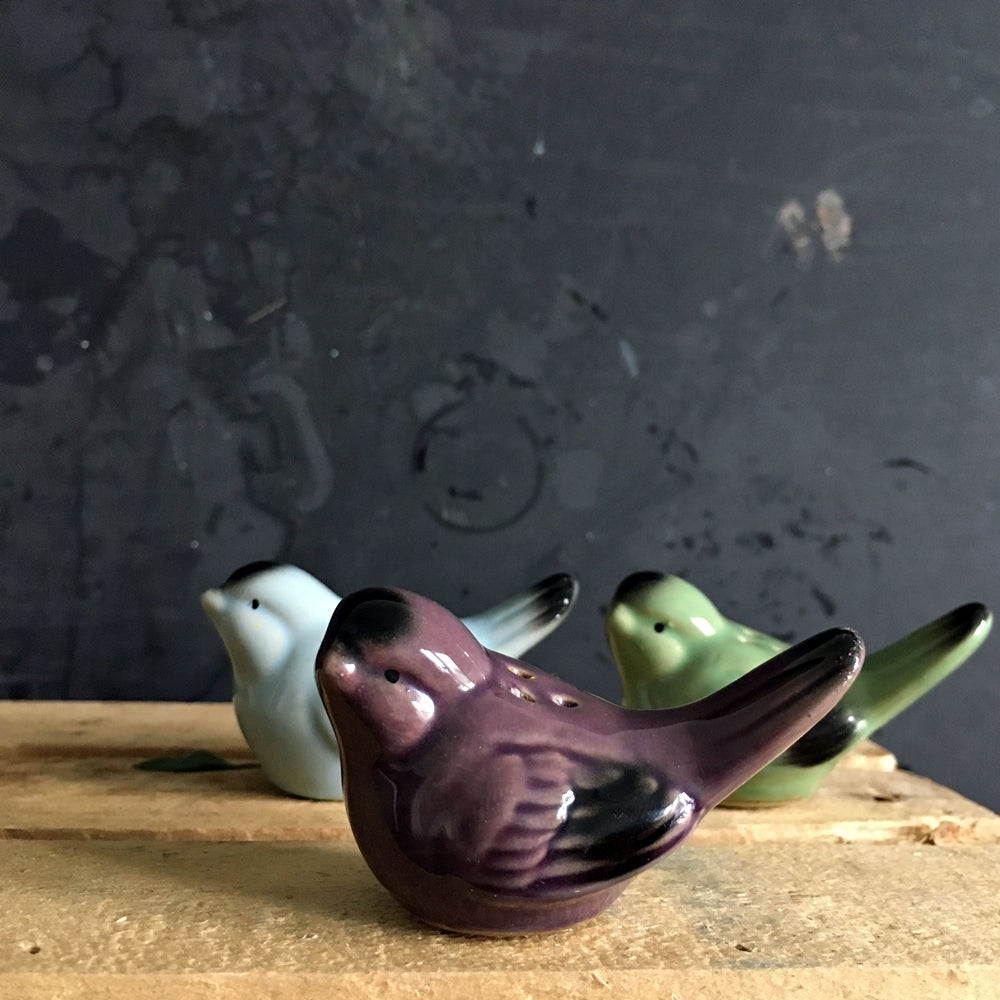Vintage 1950s Salt & Pepper Shaker Birds - Set of Three Blue Green and Purple Ceramic Birds
