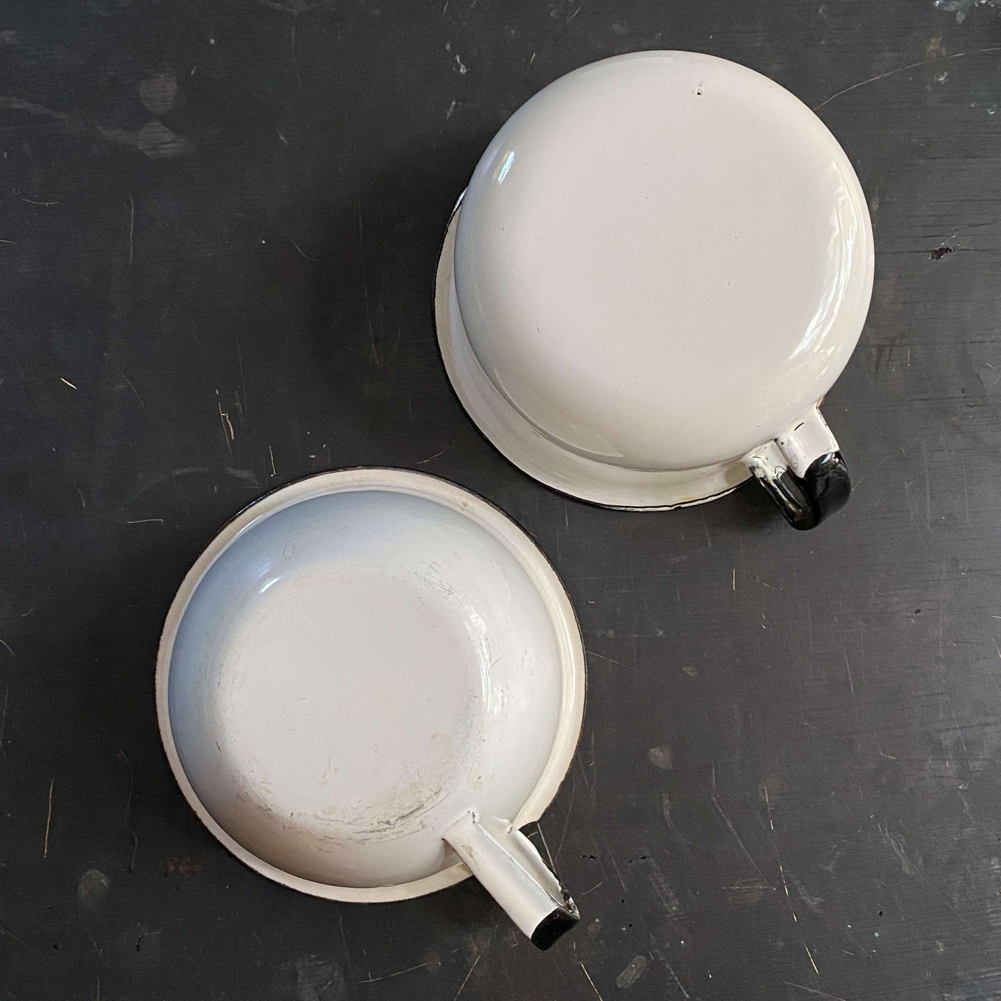 Vintage Black & White Enamelware Cups - Set of Two