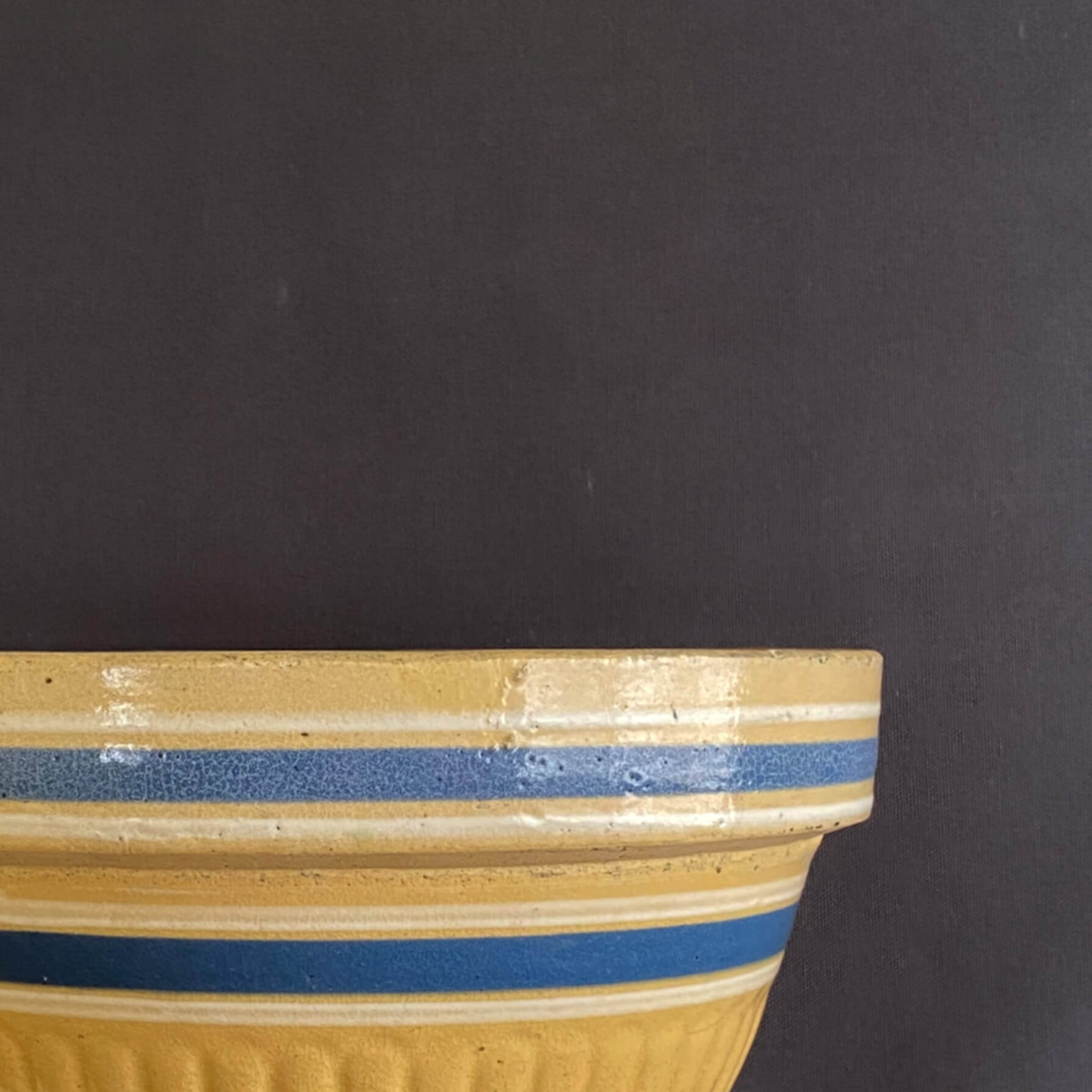 Antique 1920s Yellow Stoneware Mixing Bowl with Blue and White Stripes