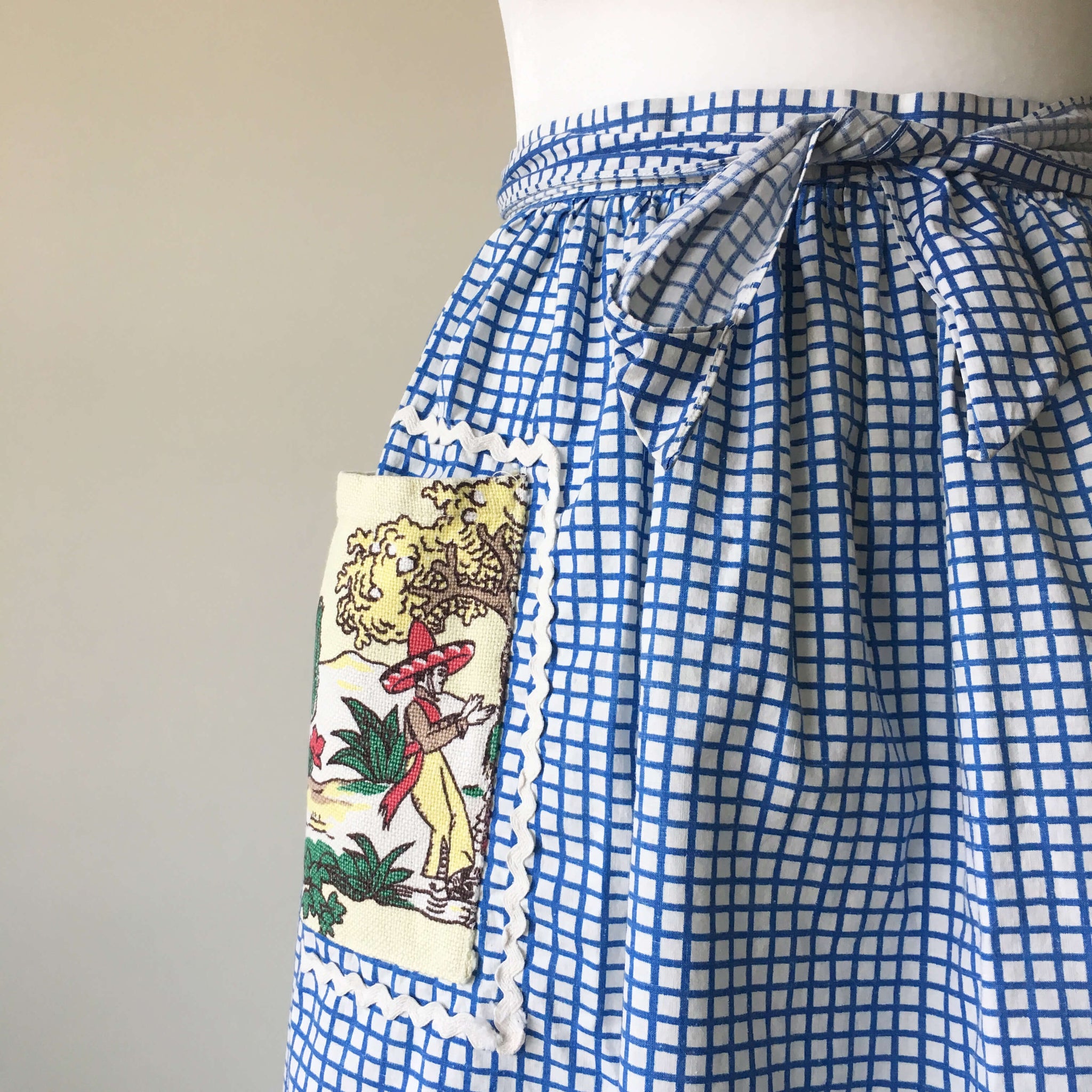Vintage Blue Checkered Half Apron with Mexican Landscape Pockets and RicRac Edging