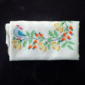 Vintage Cross-Stitch Embroidery Tablecloth - 48x48 Colorful Bluebirds and Floral Design