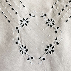 Vintage Embroidered Bridge Tablecloth with Broderie Eyelet Cutwork and French Knot Embroidery
