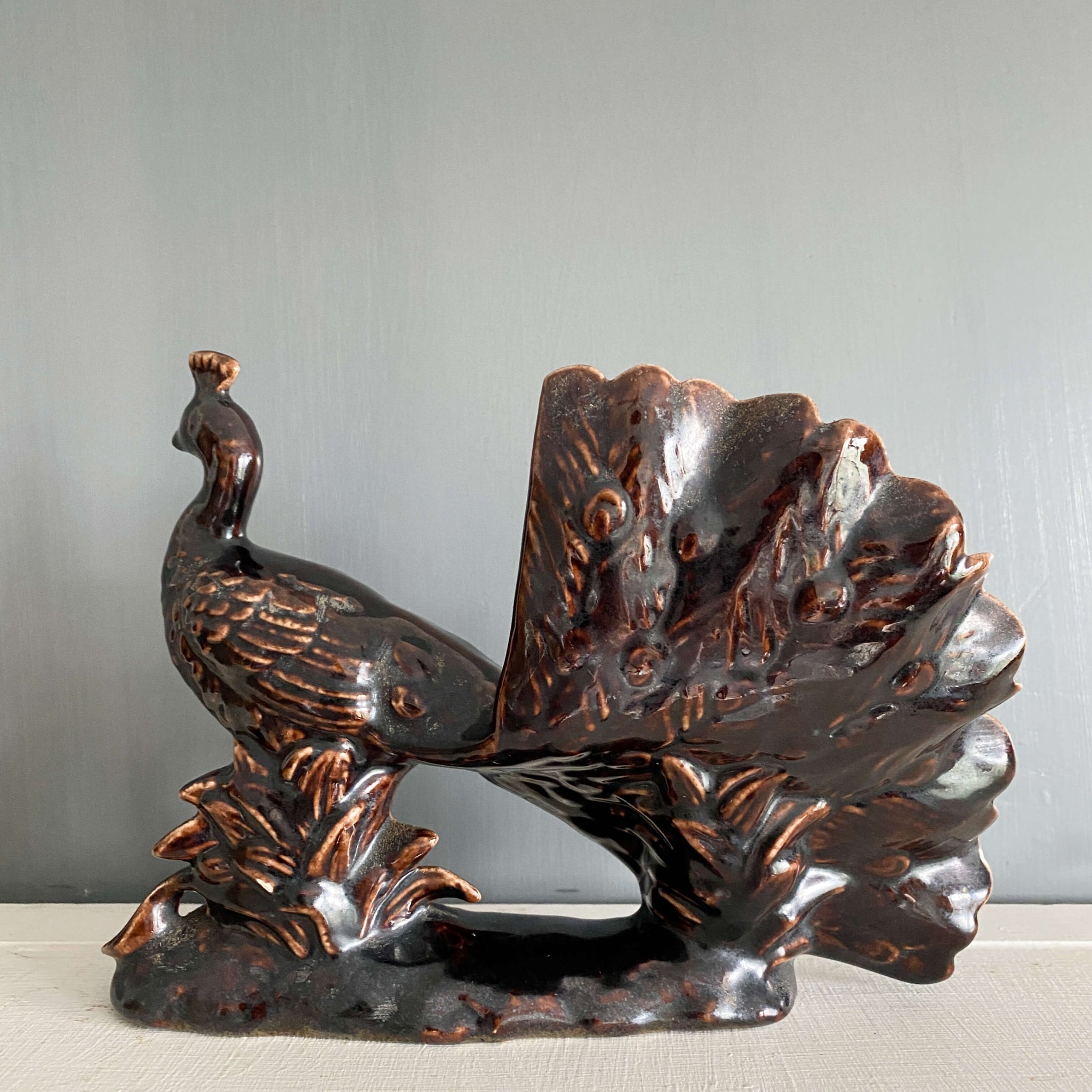 Vintage Brown Ceramic Peacock Figurine circa 1960s