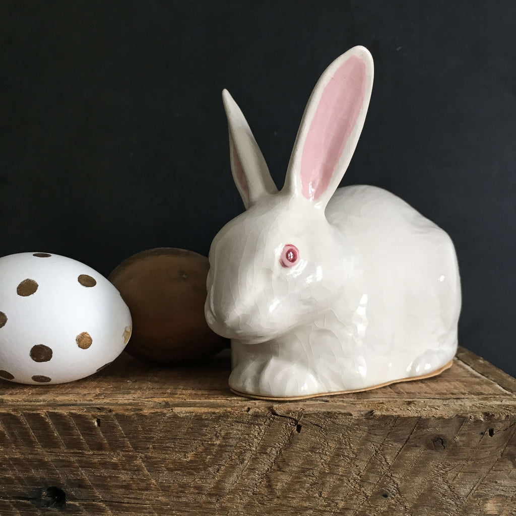 Vintage Ceramic Bunny Rabbit Cotton Ball Holder - Table Centerpiece - Easter Decor
