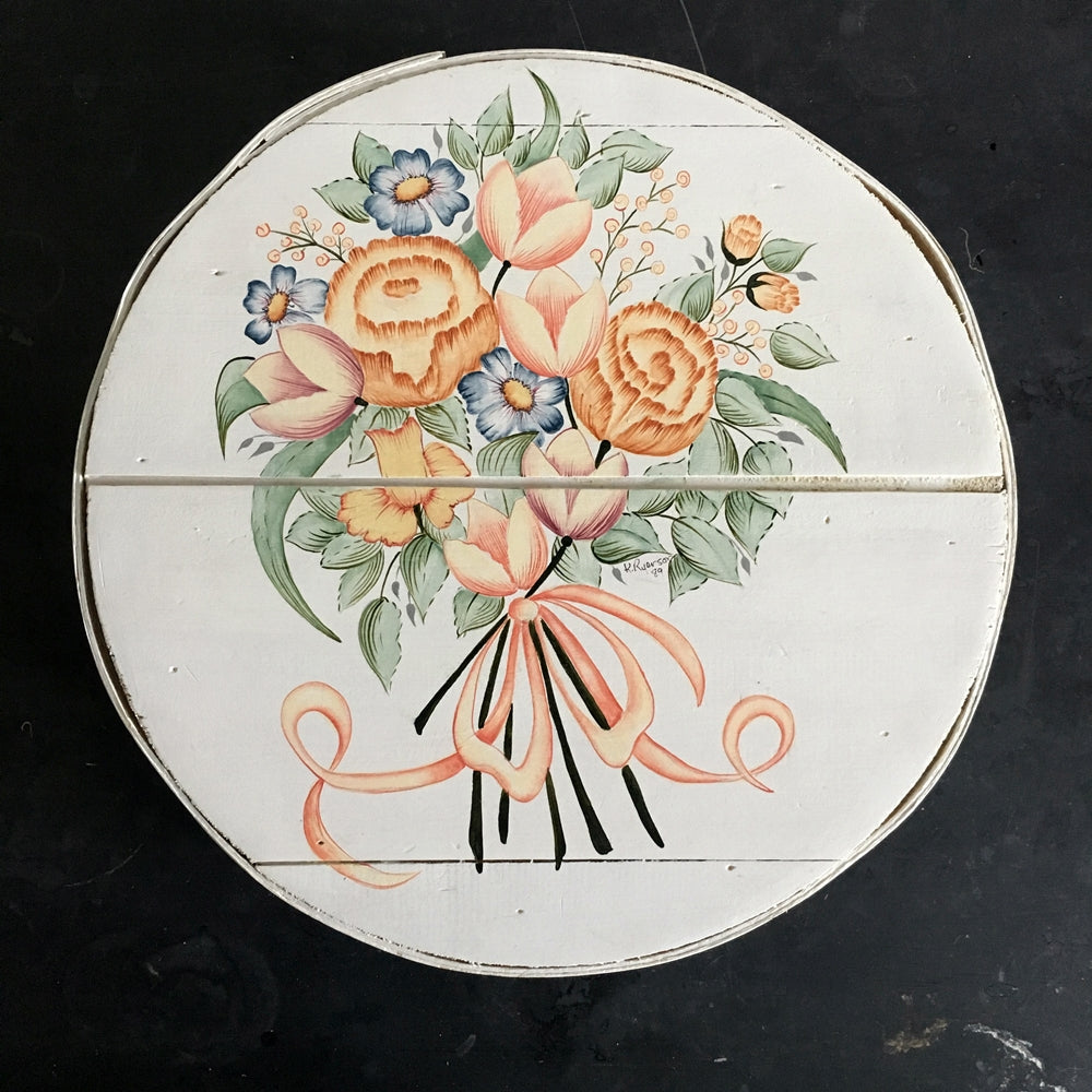 Vintage Handpainted Wood Cheese Box Round - Floral Painting Signed -  1980's Dufeck Painted Wood Box