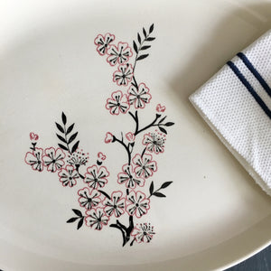 Vintage Pink and Black Cherry Blossoms Platter - Vintage Floral Dinnerware - Black, Pink, Red Dinnerware