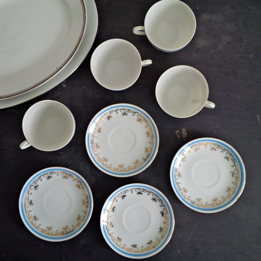 Set of Four Porcelain Chikaramachi Teacups & Saucers - Handpainted Blue & Gold - Circa 1928-1945