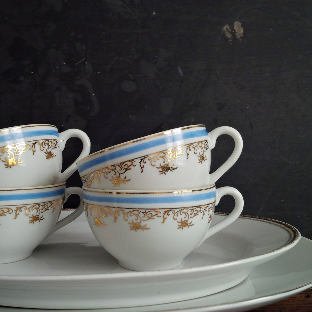 Set of Four Porcelain Chikaramachi Teacups & Saucers - Handpainted Blue & Gold - Circa 1928-1945