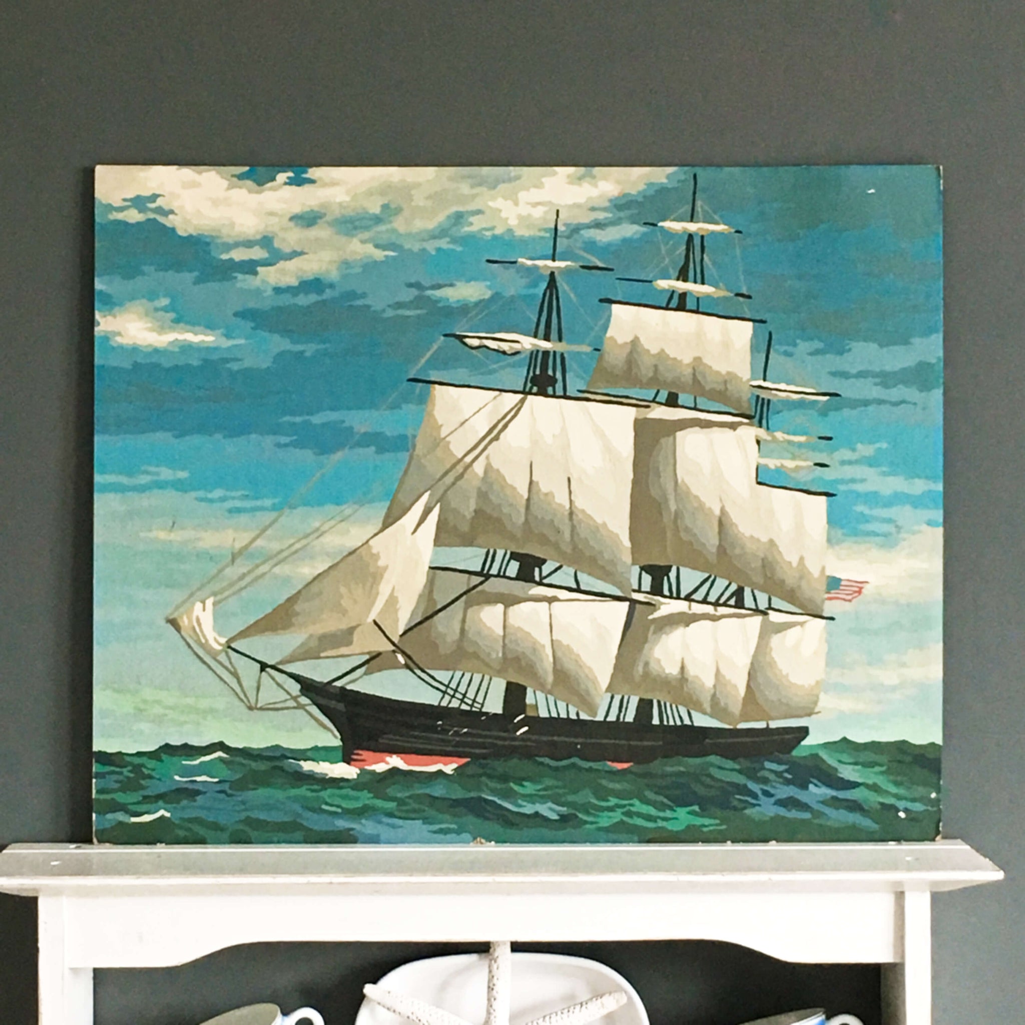 Vintage Paint by Number Clipper Ship - 16x20 - Circa 1950's Sailboat Art