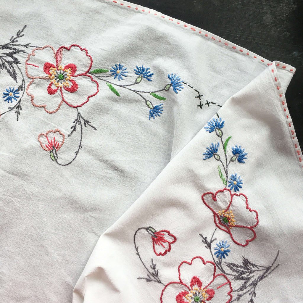 Vintage Embroidered Floral Table Cloth - 34x36 Hand Embroidered Red Blue Flowers