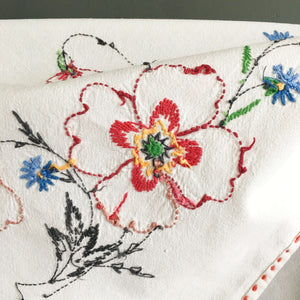 Vintage Embroidered Floral Table Cloth - 34x36 Hand Embroidered Red Blue Flowers